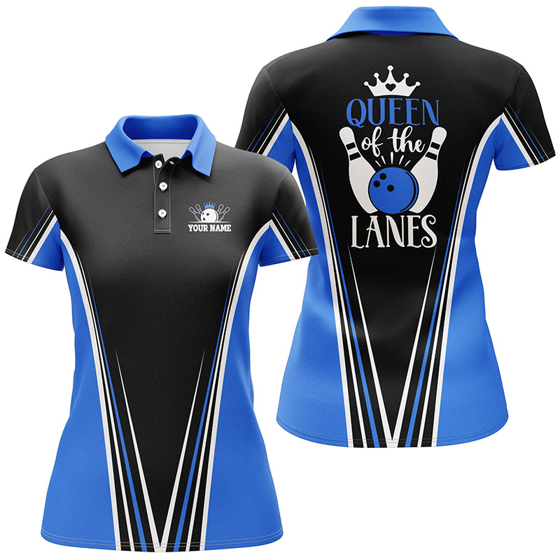 Queen of the lanes Short Sleeve polo bowling shirts for women, Custom gift for girl bowlers | Blue NQS5210