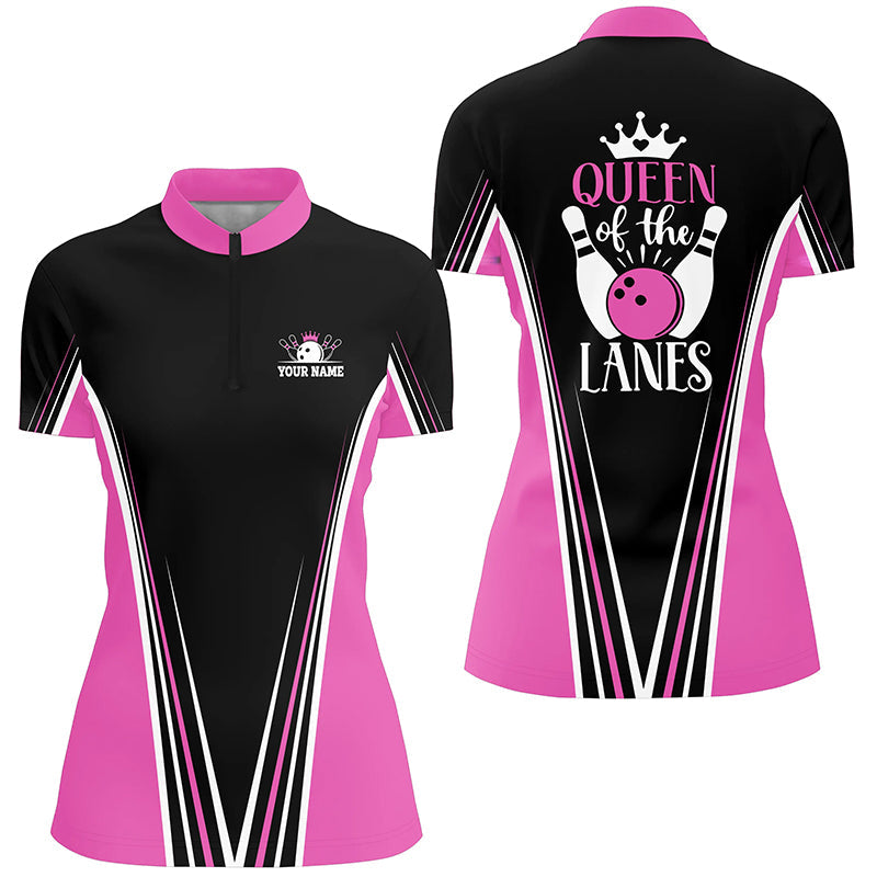 Queen of the lanes Quarter Zip bowling shirts for women, Custom gift for girl bowlers | Pink NQS5211