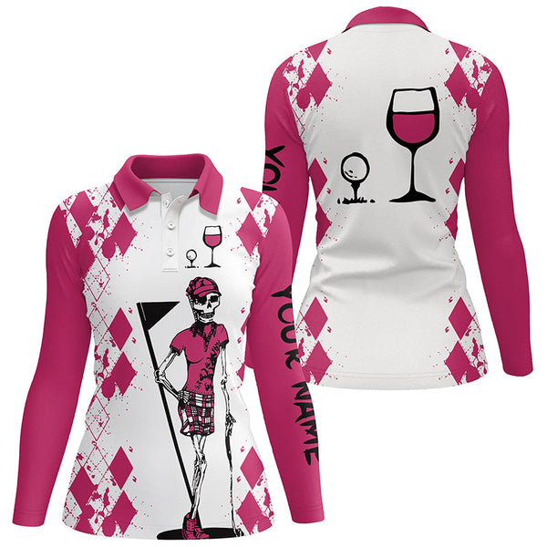 White Pink womens golf shirt skull Golf & wine custom name womens golf polo shirt NQS3451