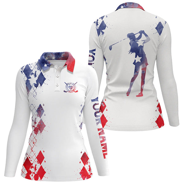 Womens golf polo shirt watercolor American flag custom name white golf shirt NQS3735