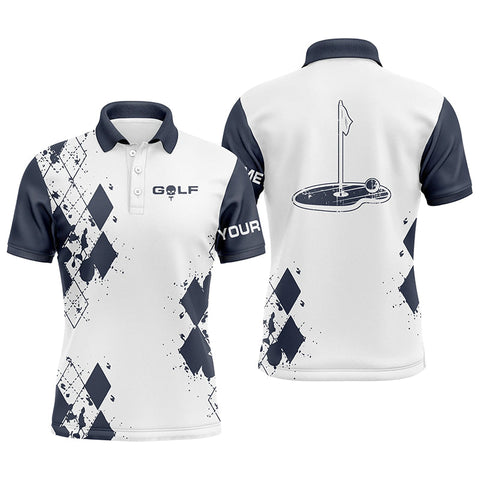 Funny white Mens golf polos shirts custom name blue argyle pattern cool golf gifts NQS4525