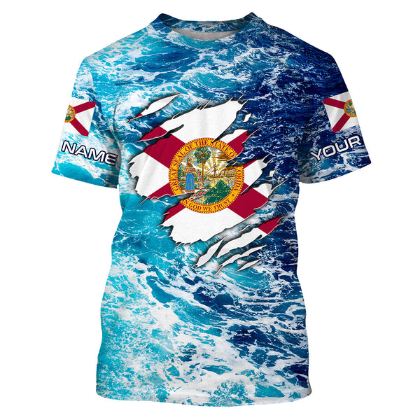 Blue sea wave ocean camo Florida flag shirt Custom sun protection fishing fishing long sleeve shirts NQS3455