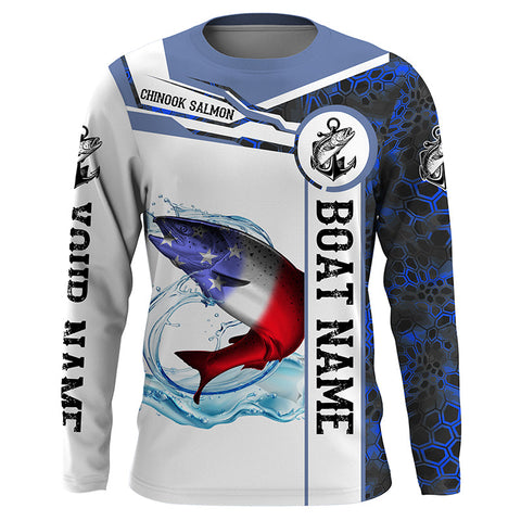 Salmon Fishing blue camo American Flag Custom name & boat name performance Long Sleeve Fishing Shirts NQS3902