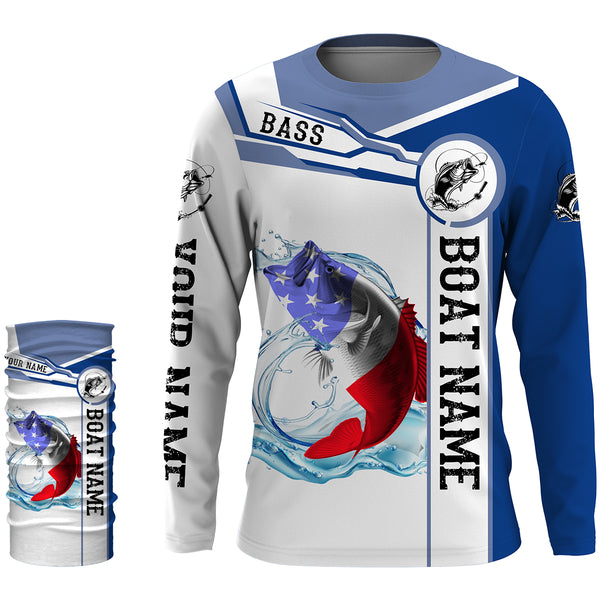 Largemouth Bass Fishing American Flag Custom name and boat name performance Long Sleeve Fishing Shirts, Patriotic Fishing gifts NQS2351