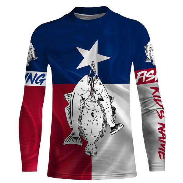 Texas slam redfish, speckled trout, flounder fishing Texas flag patriotic Custom name UV protection performance fishing shirt NQS2618