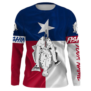 Texas slam redfish, speckled trout, flounder fishing Texas flag patriotic Custom name UV protection performance fishing shirt NQS2618