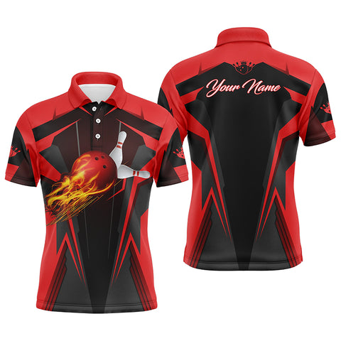 Personalized Men Bowling Polo Shirt Flame Bowling Ball and Pins, bowling polo for men bowlers | Red NQS4526