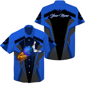 Personalized Hawaiian bowling shirts Flame Bowling Ball and Pins, bowling shirt for men bowlers| Blue NQS4527