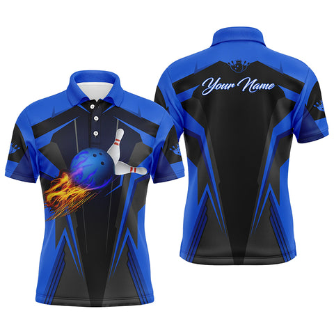 Personalized Men Bowling Polo Shirt Flame Bowling Ball and Pins, bowling polo for men bowlers | Blue NQS4527