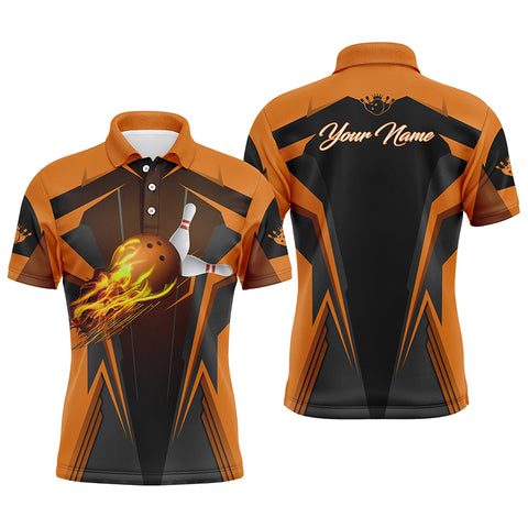Personalized Men Bowling Polo Shirt Flame Bowling Ball and Pins, bowling polo for men bowlers | Orange NQS4528