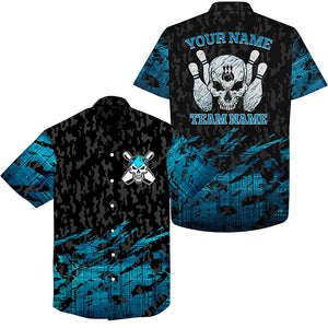 Skull Bowling Hawaiian Shirt custom name and team name blue Bowling skeleton, team bowling shirts NQS4538