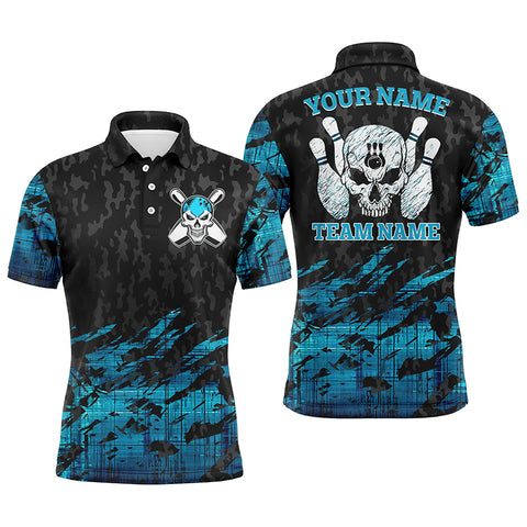 Skull Bowling polo shirts for men custom name and team name blue Bowling skeleton, team bowling shirts NQS4538