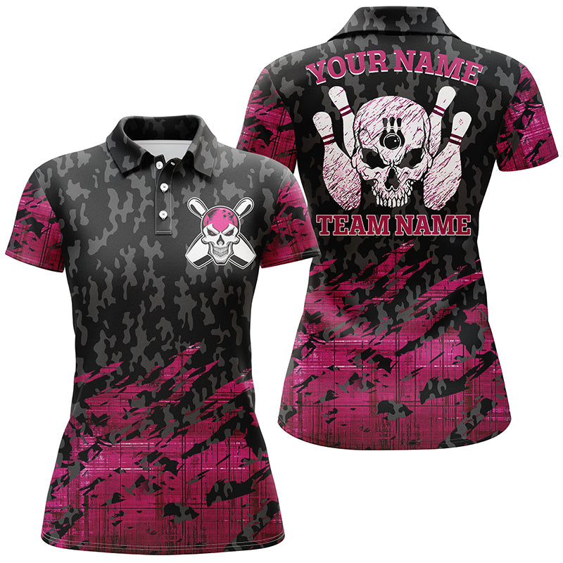 Womens bowling polo shirts custom name and team name pink Bowling skeleton, team women bowling shirts NQS4539