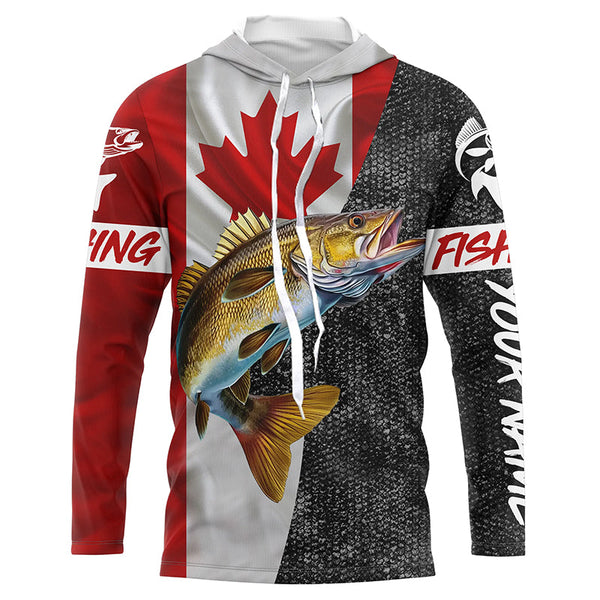 Canadian Flag Walleye Fishing Custom long sleeve performance Fishing Shirts, Walleye Fishing jerseys NQS4897