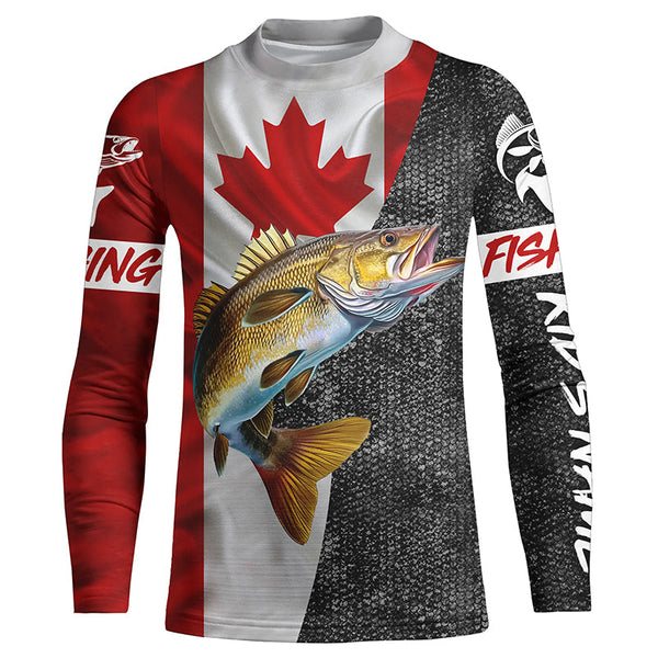 Canadian Flag Walleye Fishing Custom long sleeve performance Fishing Shirts, Walleye Fishing jerseys NQS4897