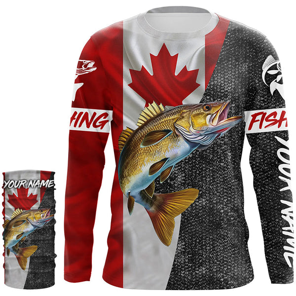 Canadian Flag Walleye Fishing Custom long sleeve performance Fishing Shirts, Walleye Fishing jerseys NQS4897