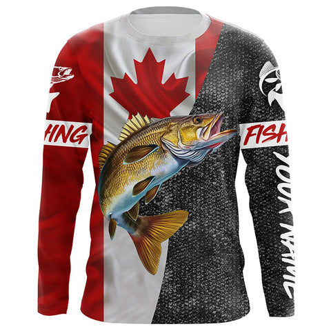 Canadian Flag Walleye Fishing Custom long sleeve performance Fishing Shirts, Walleye Fishing jerseys NQS4897