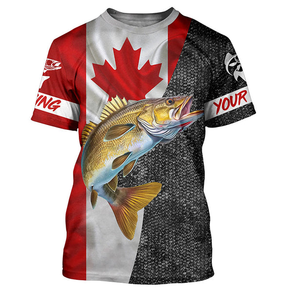 Canadian Flag Walleye Fishing Custom long sleeve performance Fishing Shirts, Walleye Fishing jerseys NQS4897