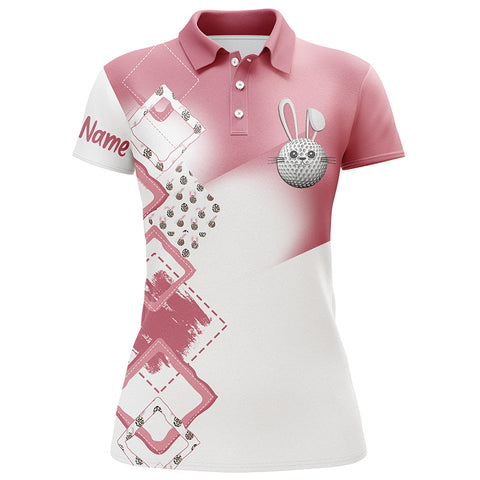 Womens golf polo shirt custom name pink Easter eggs bunny golf shirts, Easter golfing gifts for women NQS4915