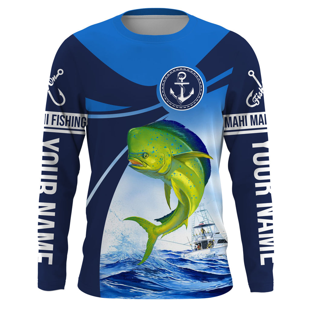 Mahi Mahi Dorado Fishing Blue Sea Underwater Ocean Custom Name Performance Long Sleeve Fishing Shirt NQS3742, Long Sleeves Hooded UPF / 2XL