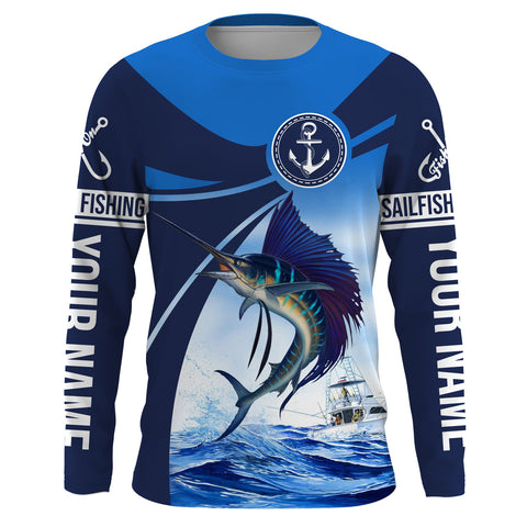 Sailfish fishing blue sea underwater ocean saltwater Custom Name performance long sleeve fishing shirt NQS3743