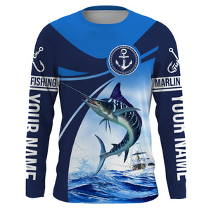Marlin fishing blue sea underwater ocean saltwater Custom Name performance long sleeve fishing shirt NQS3744