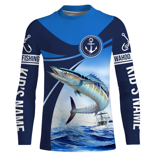 Wahoo fishing blue sea underwater ocean saltwater Custom Name performance long sleeve fishing shirt NQS3745
