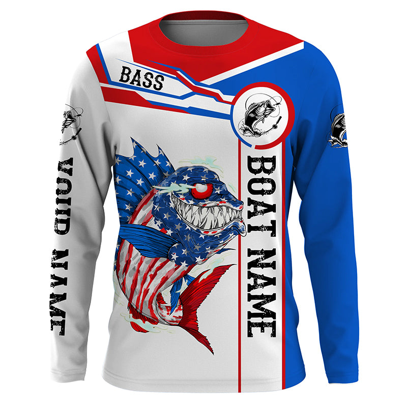 Angry Largemouth Bass American flag patriot fishing Custom name and boat name tournament fishing shirt NQS4551