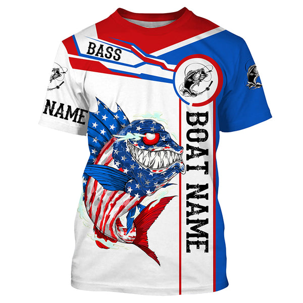 Angry Largemouth Bass American flag patriot fishing Custom name and boat name tournament fishing shirt NQS4551