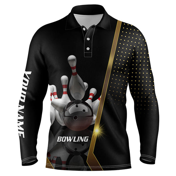 Personalized Men Polo Bowling Shirt Black and Gold Men Bowlers Custom Team bowling Jersey NQS5947