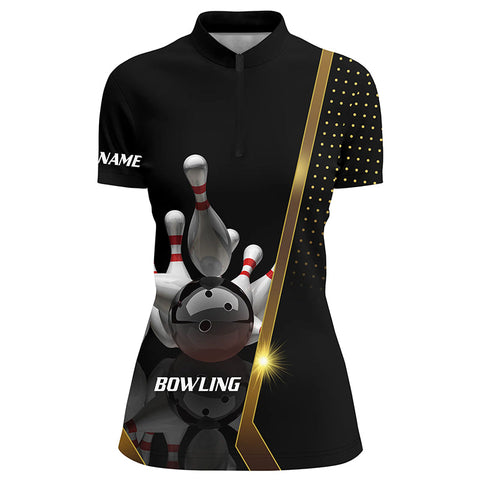 Personalized women Bowling Quarter-Zip Shirt Black and Gold ladies Bowlers Custom Team bowling Jersey NQS5947
