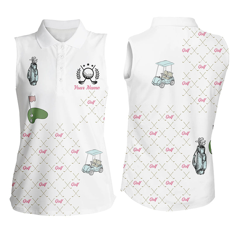 White Womens sleeveless polo shirt custom golf clubs pattern ladies golf shirts gift for mother's day NQS5240