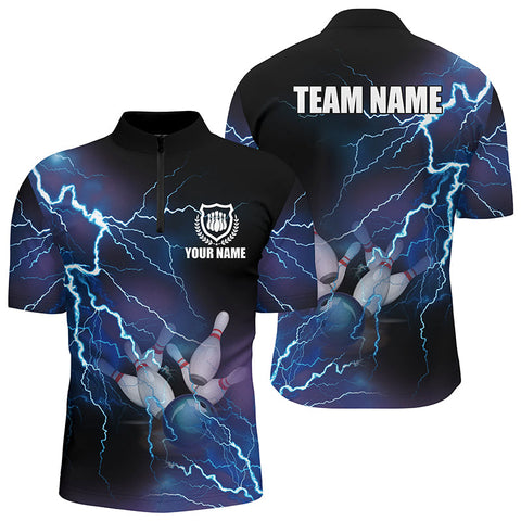 Men's bowling Quarter Zip shirts Custom blue lightning thunder Bowling Team Jersey, gift for Bowlers NQS5244