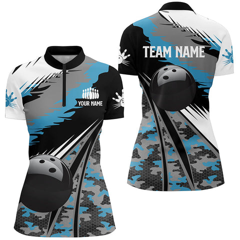 Womens bowling Quarter Zip shirts Custom black ball blue camo Bowling Team Jersey, gift for Bowlers NQS5247