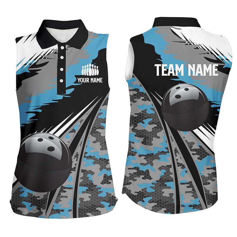 Women bowling sleeveless polo shirts Custom black ball blue camo Bowling Team Jersey, gift for Bowlers NQS5247