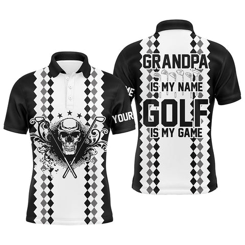 Black white Mens golf polos shirts custom skull golf gift for Grandpa is my name, golf is my game NQS5249
