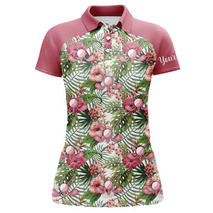 Women golf polo shirt pink tropical flower leaves custom name pink golf polo shirts, golfing gift NQS3760