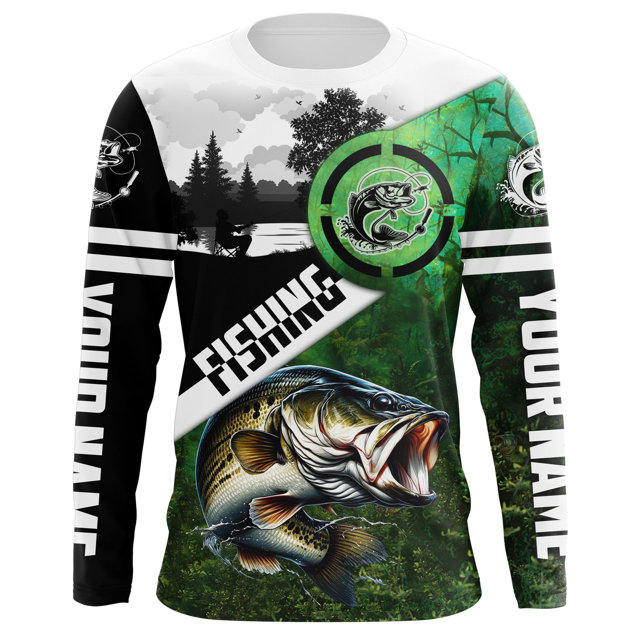 Largemouth Bass Fishing Green Performance Fishing Shirt Custom Bass Fishing Shirts Jerseys NQS4140 Long Sleeves Hooded UPF / 2XL
