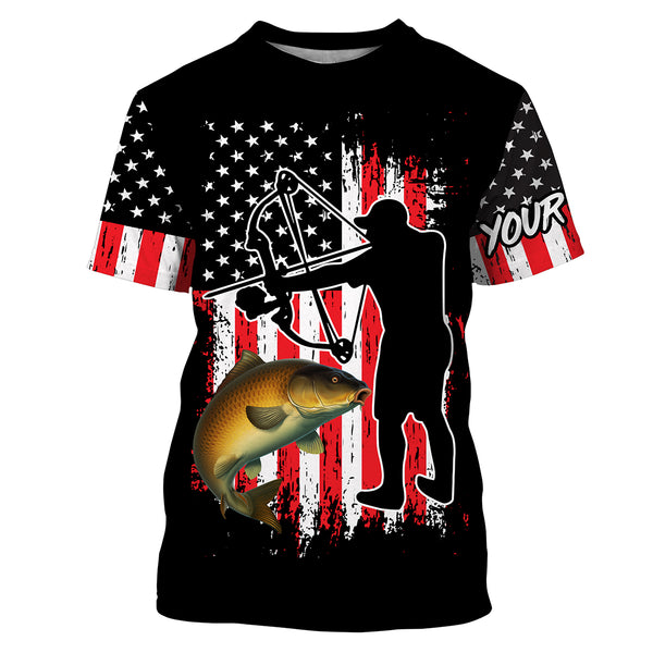 Carp fishing bow fishing American flag patriotic Custom Name UV protection UPF 30+ fishing jersey, bow fishing tournament shirts NQS2969