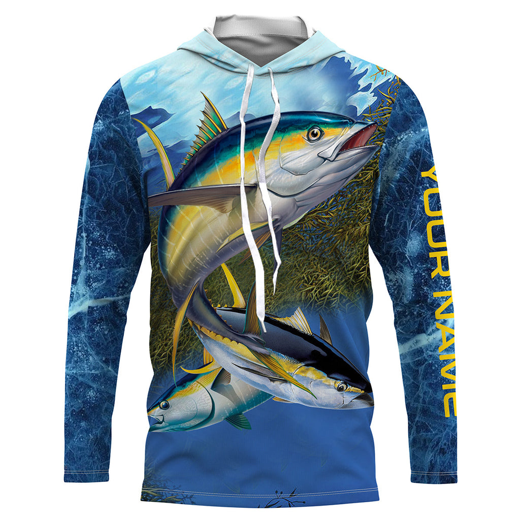 Tuna Fishing Blue Deep Sea Custom UPF Fishing Shirts Jersey, Custom Fishing Shirts with Hood NQS3216 Long Sleeves Hooded UPF / M