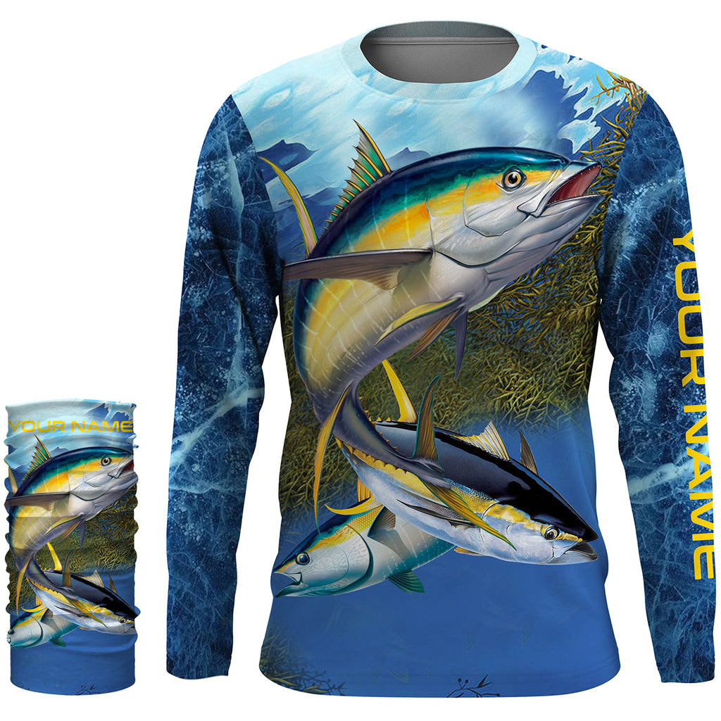 Tuna Fishing Blue Deep Sea Custom UPF Fishing Shirts Jersey, Custom Fishing Shirts with Hood NQS3216 Long Sleeves Hooded UPF / S