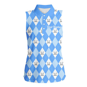 Blue argyle plaid pattern Womens sleeveless polo shirt  custom golf shirts for women, ladies golf polo NQS5258