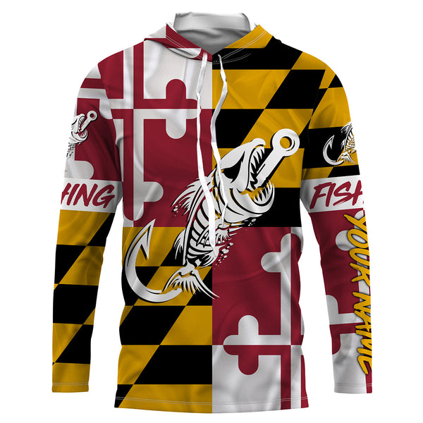 MD Fishing Custom Maryland Flag Fish hook skull Custom sun protection fishing shirts for men, women NQS3318