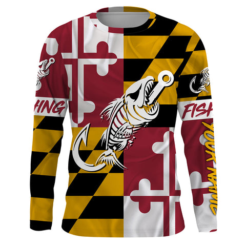 MD Fishing Custom Maryland Flag Fish hook skull Custom sun protection fishing shirts for men, women NQS3318