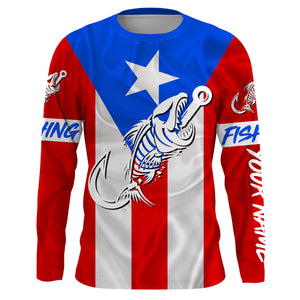 Puerto Rico Fishing Custom Flag Fish Hook Skull Custom Sun Protection Fishing Shirts for Men, Women NQS3319 Long Sleeves Hooded UPF / 4XL