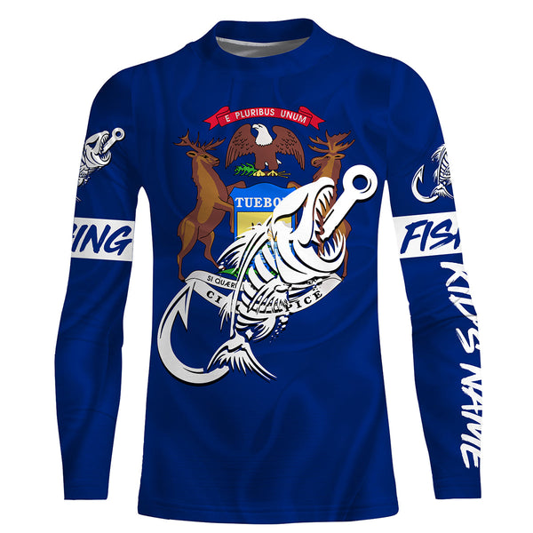 MI Fishing Custom Michigan Flag Fish hook skull Custom sun protection fishing shirts for men, women NQS3321