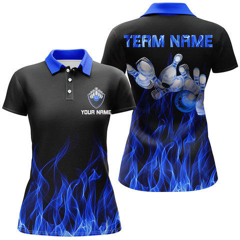 Blue flame Womens bowling polo shirt black Bowling Jerseys Personalized Bowling Team Shirts NQS5488