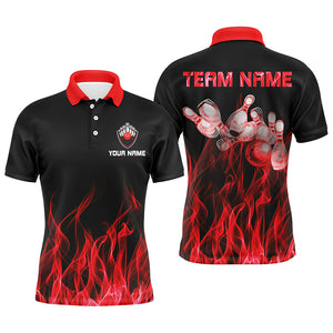 Personalized Men polo Bowling Shirt Red Flame Bowling Ball and Pins bowling jerseys for men Bowler NQS5488