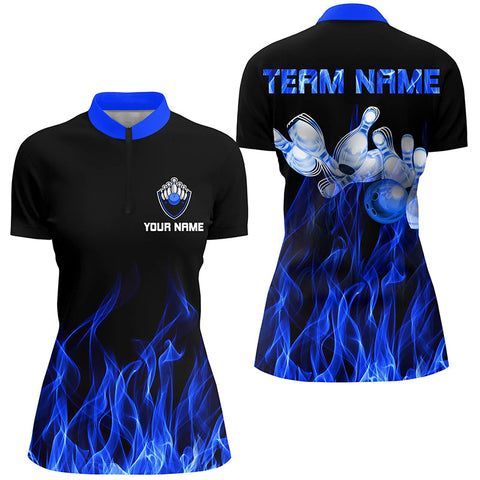 Blue flame Bowling Quarter-Zip Shirt Women black Bowling Jerseys Personalized Bowling Team Shirts NQS5488