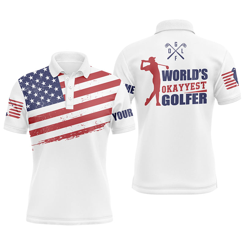 Funny Mens golf polo shirts custom name white American flag patriotic world's okayyest golfer NQS5754